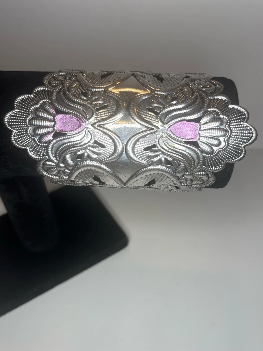 Vintage Silver Tone‎ Floral Filigree Cuff Bracelet Purple Enamel Wide Boho